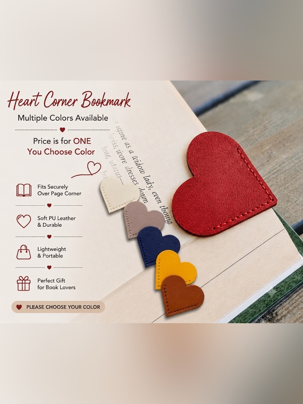 Heart-Shaped Faux Leather Corner Bookmark – Multiple Colors